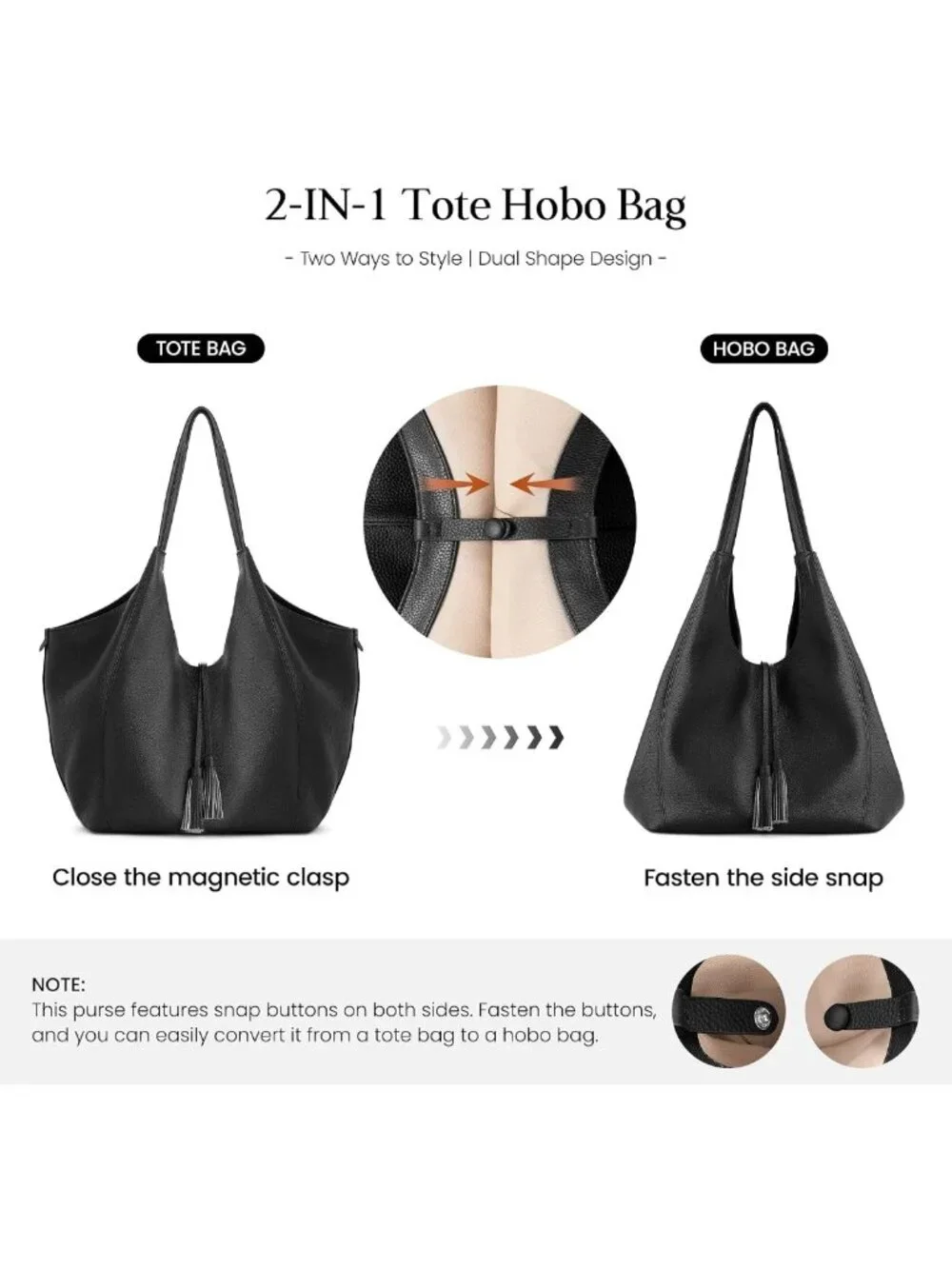 Soft Genuine Leather Slouchy Tote Hobo Bag | 2-in-1 Travel Purse, Boho Handbag